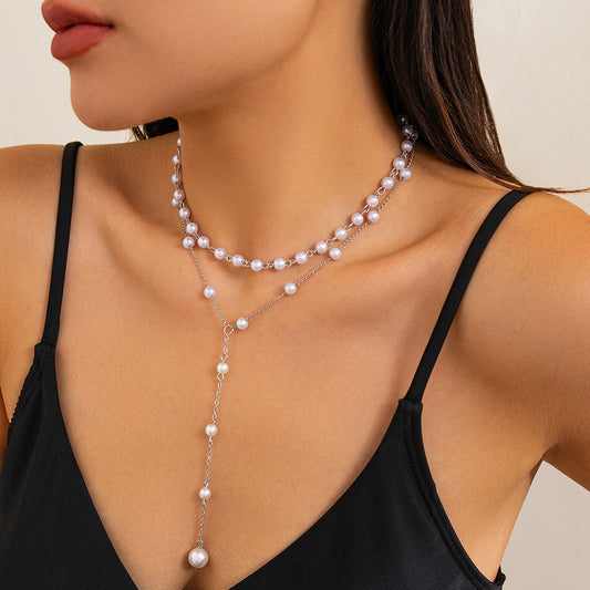 Fashion Pearl Beaded Multi-layer Elegant Tassel Geometric Necklace